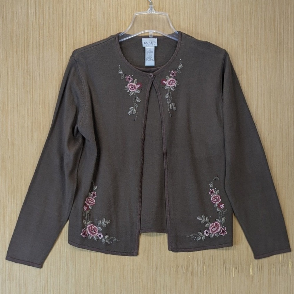 Koret Petites Cottage Brown Floral Embroidered Cardigan Sweater Size S Stretch